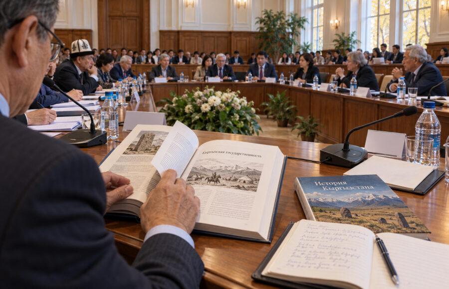 Читатель изучает книгу по истории Кыргызстана в университетской библиотеке