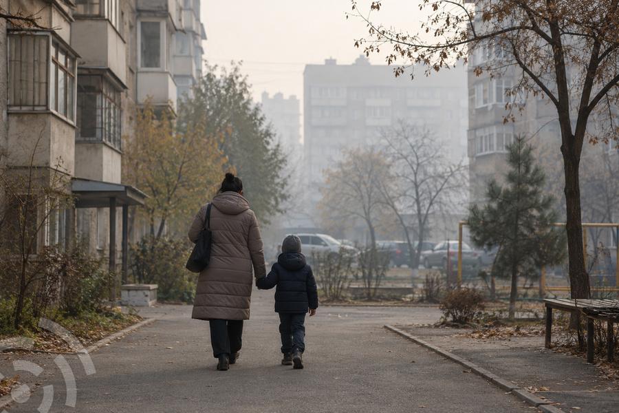 Взрослый и ребёнок на короткой прогулке в городском дворе при дымке